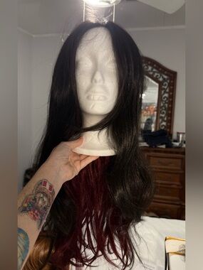 Black long full lace hand tied wig with peekaboo wine underneath